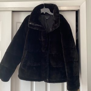 Black faux fur jacket. Worn once. Fully lined, hidden snap closure, side pockets